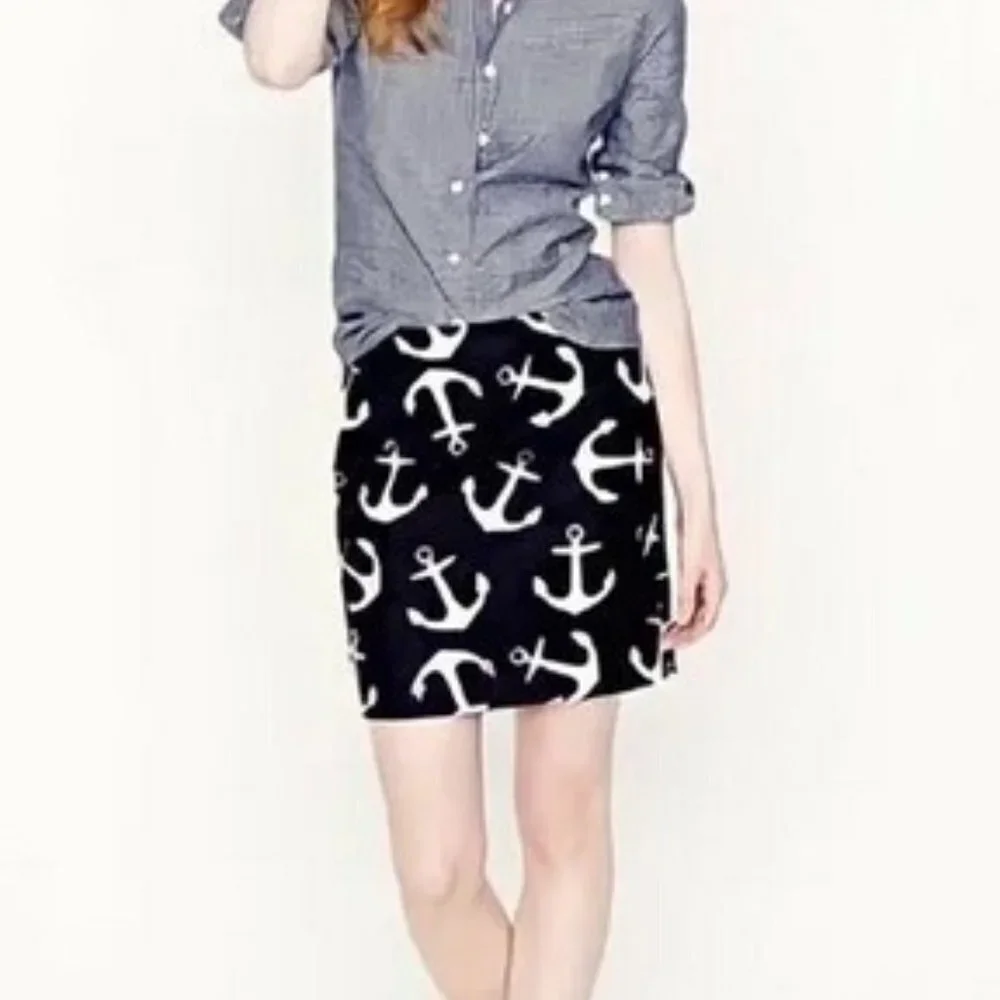 J. CREW Nautical Anchor Blue Navy High Waist Pencil Mini Skirt Size 2